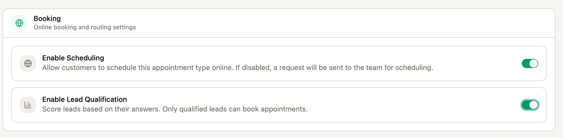Driive AI lead qualification settings showing enable scheduling and lead scoring toggles for automated booking and routing