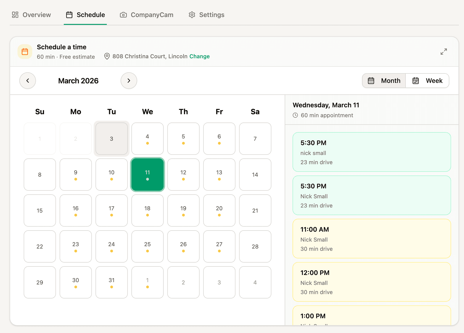 Driive smart booking calendar showing drive-time optimized appointment slots with technician routing and 23-minute drive estimates