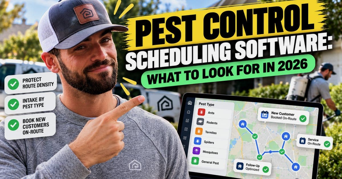 Pest control scheduling software: what to look for in 2026, with a laptop showing pest-type intake and an on-route booking map