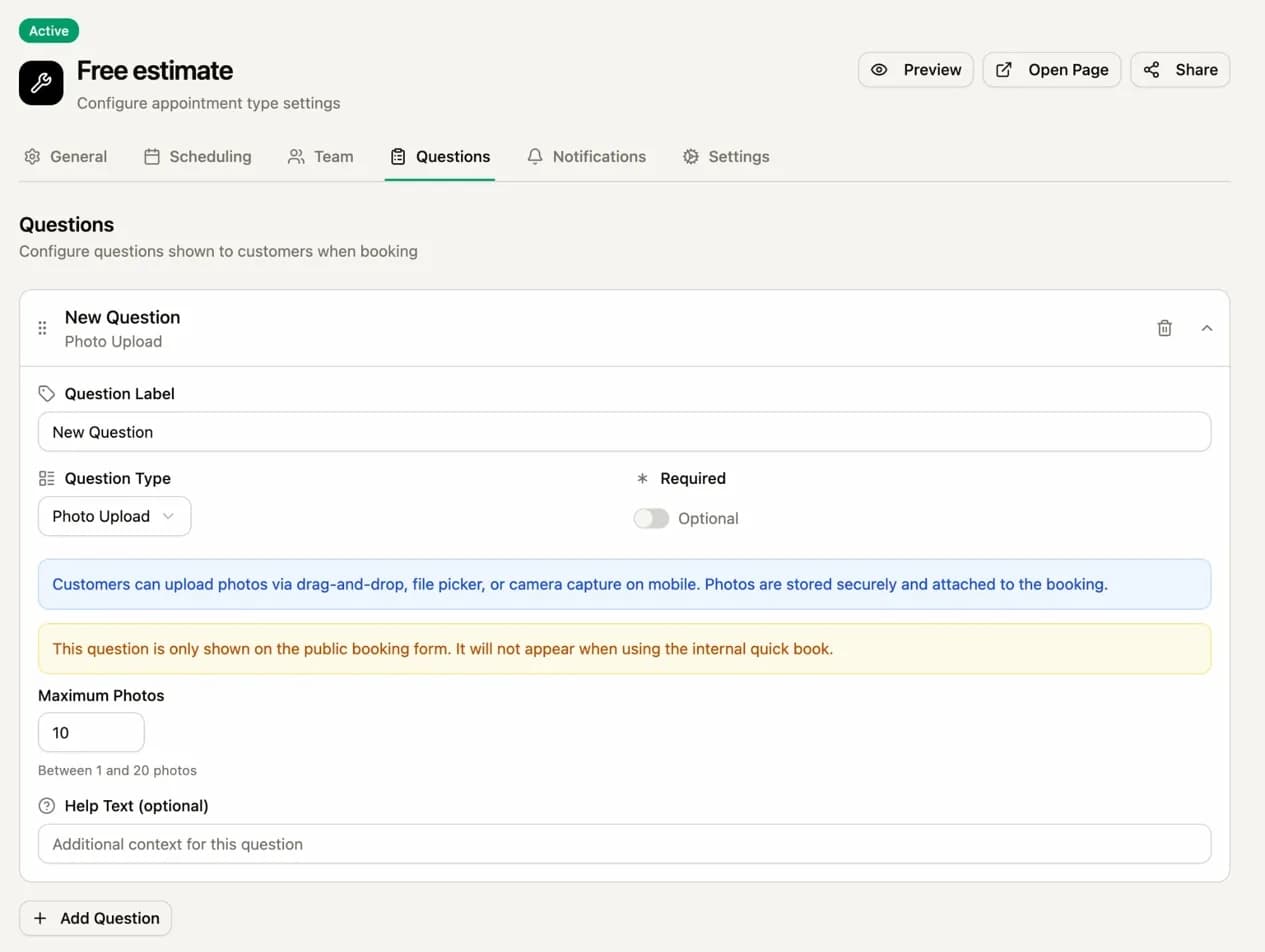 Driive appointment type settings showing the Photo Upload question type configuration