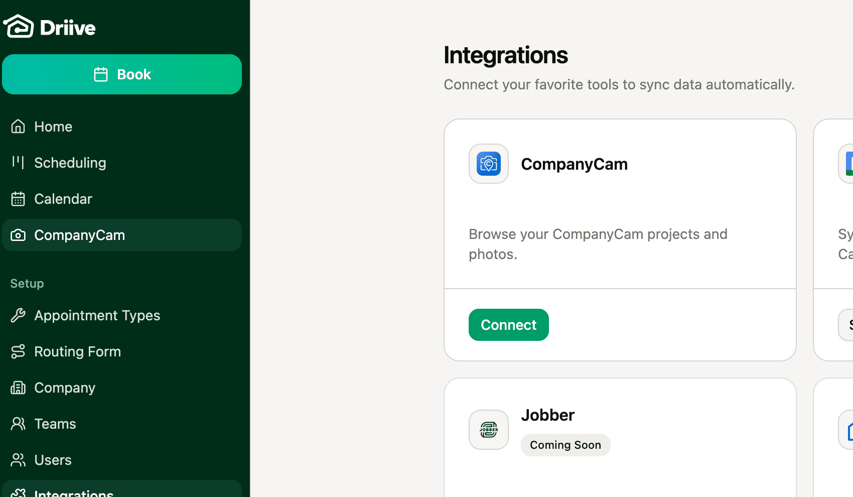 Driive integrations page showing the CompanyCam Connect button