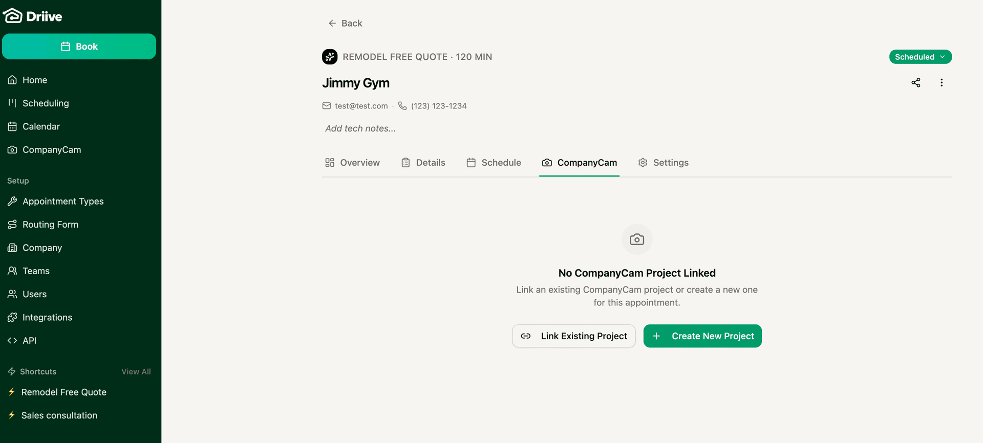 Driive appointment detail showing CompanyCam tab with Link Existing Project and Create New Project options