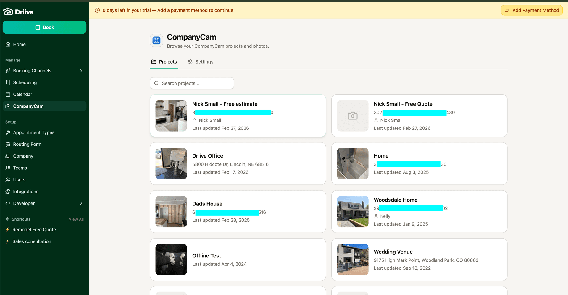 Driive CompanyCam projects list showing all synced projects