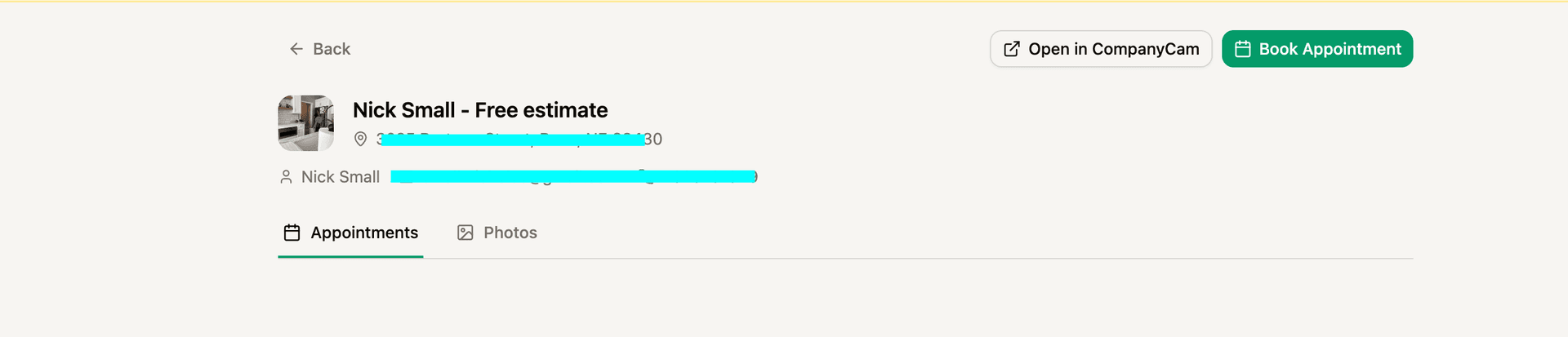 Driive interface showing CompanyCam project with Book Appointment button